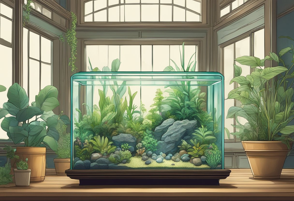 An old aquarium being transformed into a terrarium, with lush green plants and small figurines creating a miniature forest scene