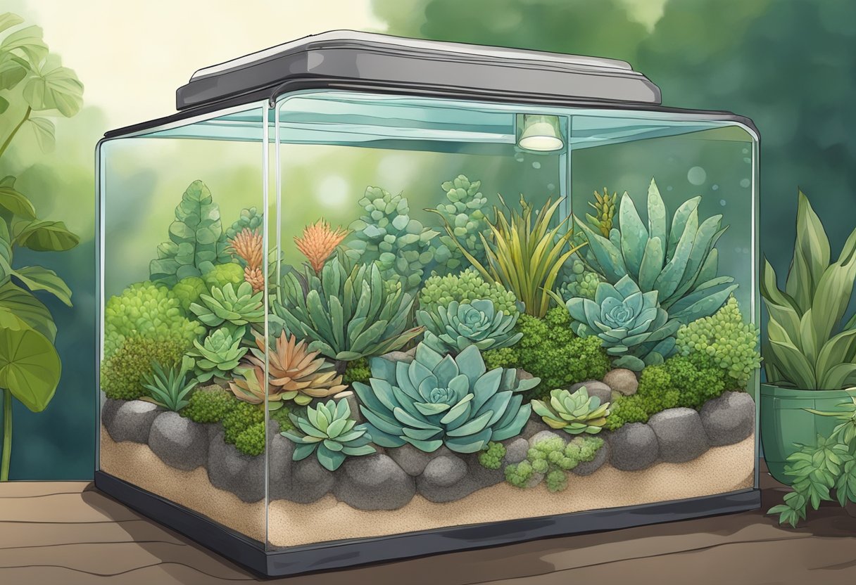 An old aquarium sits in a lush garden, now repurposed as a terrarium. Succulents and small plants thrive inside, adding a unique touch to the outdoor space