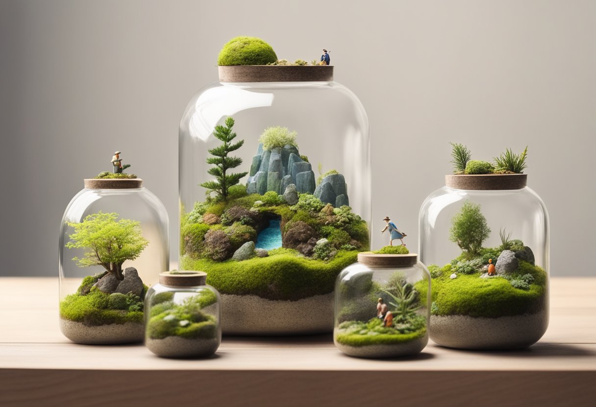 Old terrariums repurposed as miniature landscapes. Moss-covered rocks, tiny figurines, and lush greenery create a whimsical scene