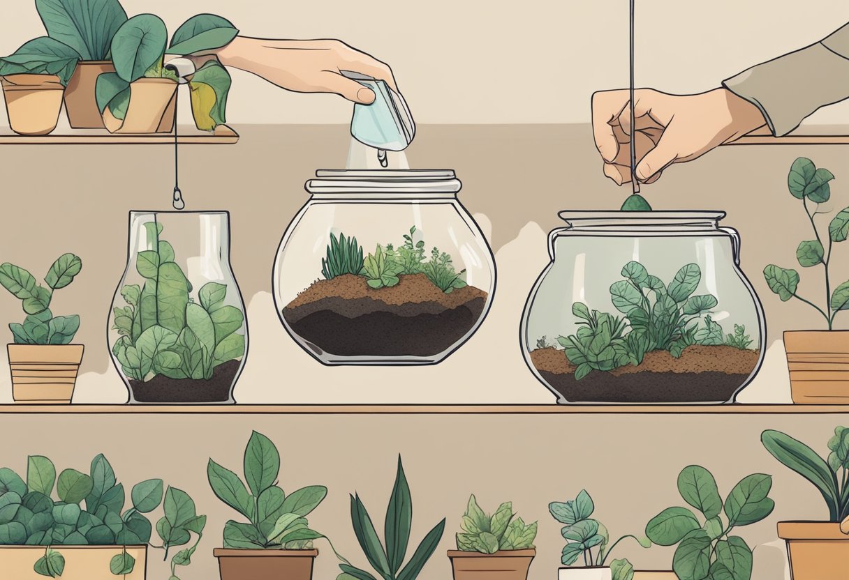 A hand holds a small terrarium, removing dead leaves and watering the plants. Another hand adds fresh soil and rearranges the decor. Nearby, a pile of old terrariums awaits repurposing or disposal