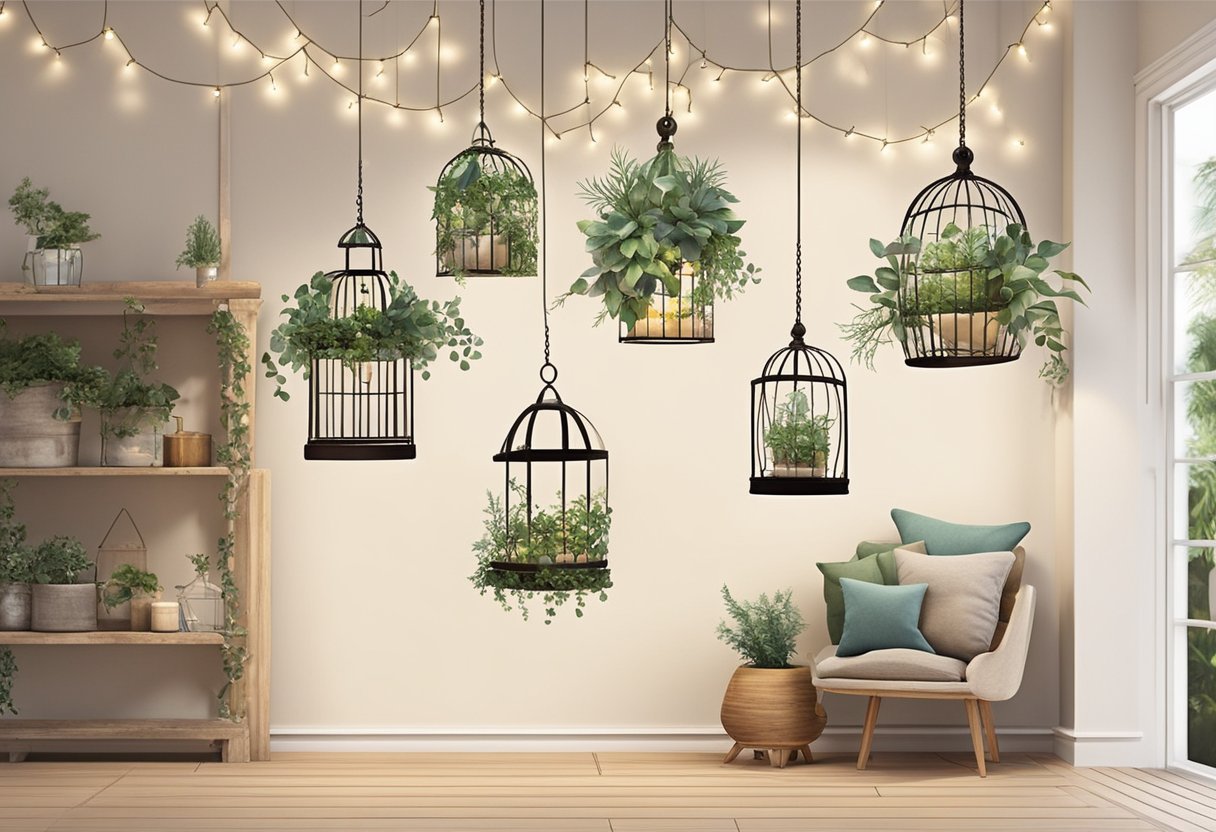 Old birdcages hang from a rustic wooden beam, filled with trailing greenery and twinkling fairy lights. A cozy living room with vintage decor surrounds the birdcages, creating a warm and inviting atmosphere