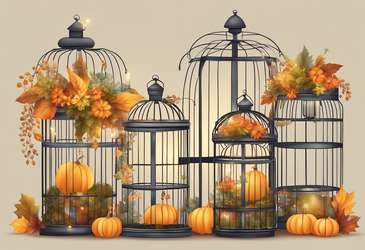 Old birdcages repurposed as seasonal decor. Adorned with flowers, ribbons, and fairy lights. Set against a backdrop of autumn leaves or festive ornaments