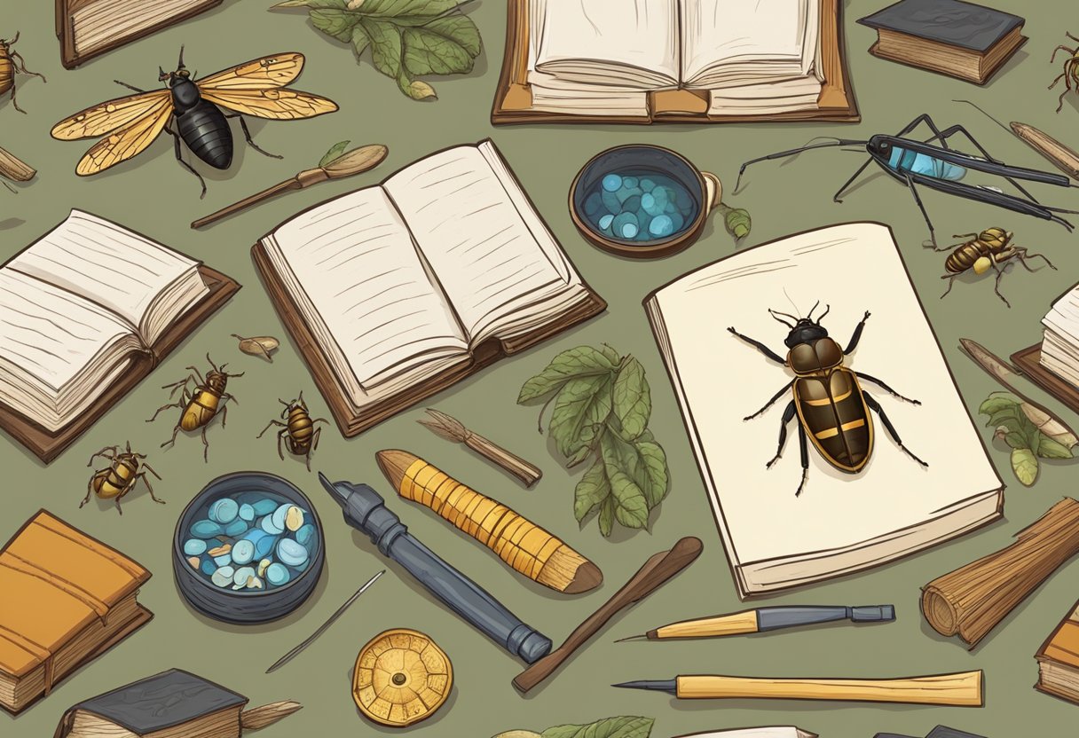 A table with old insect collections spread out, surrounded by books and tools for assessment and preparation