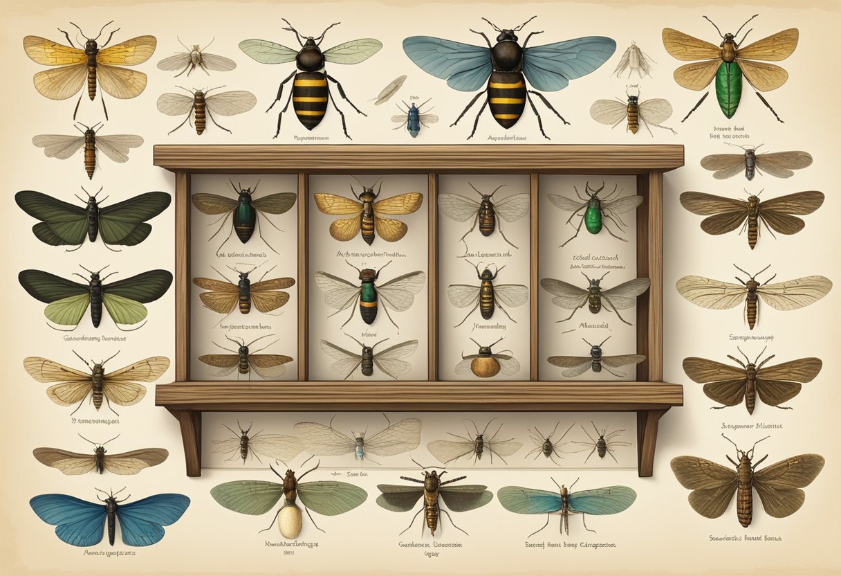 Insect specimens arranged in old wooden display cases, labeled with scientific names and pinned neatly, with magnifying glasses and reference books nearby