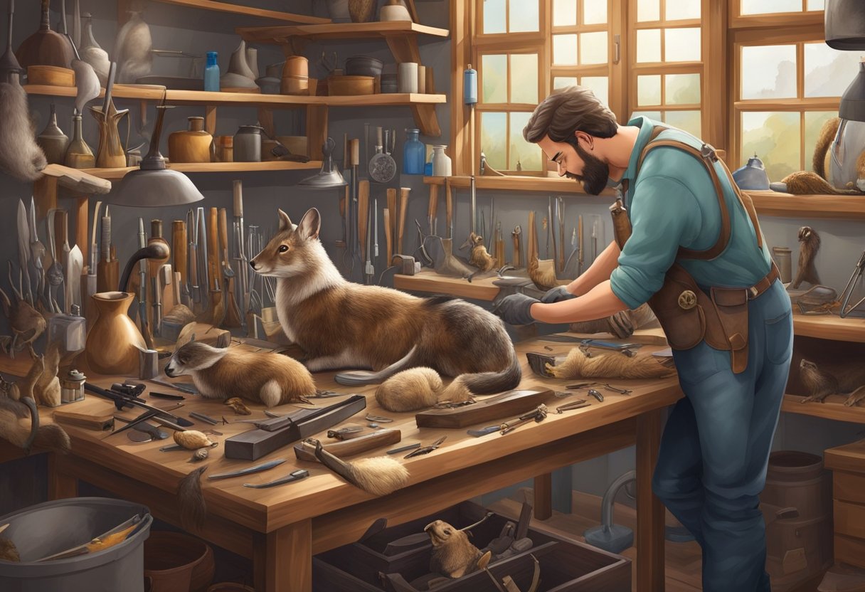 A taxidermist carefully inspects and cleans old animal mounts, preparing them for sale or donation. Tools and cleaning supplies are laid out on a workbench