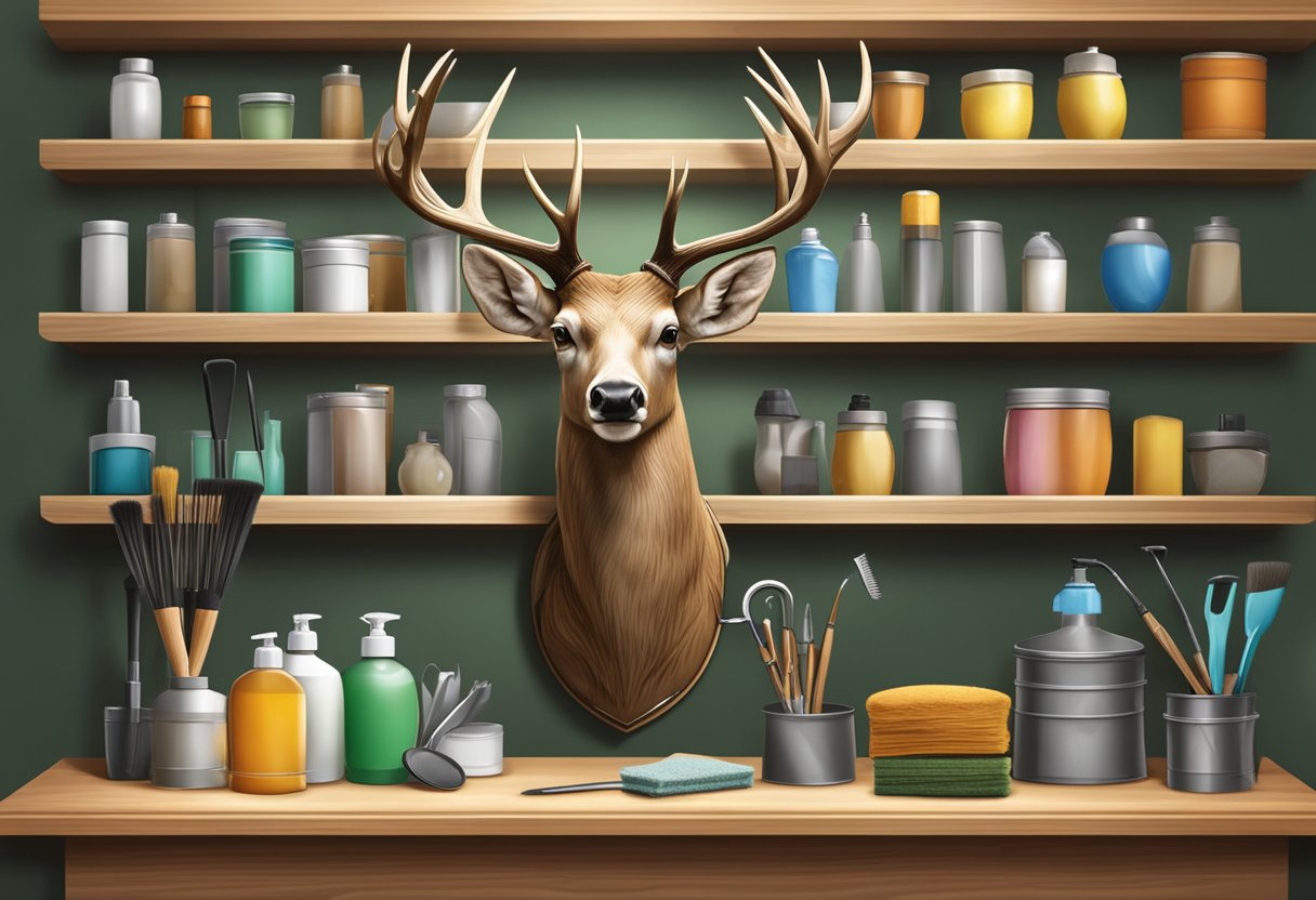 A taxidermy deer head mounted on a wooden plaque, surrounded by shelves of cleaning supplies and tools for maintaining and caring for taxidermy