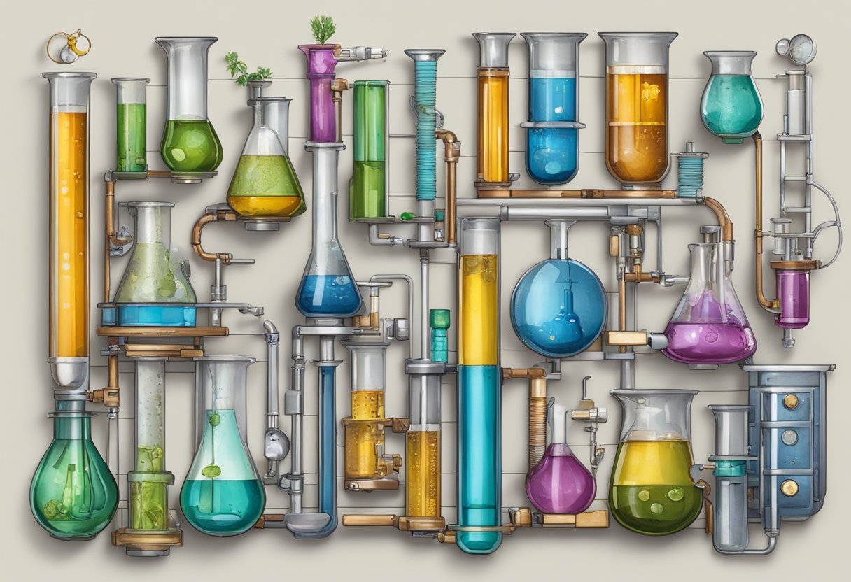 Old science kits repurposed: beakers and test tubes transformed into vases, microscope parts used for jewelry, and circuit boards upcycled into wall art