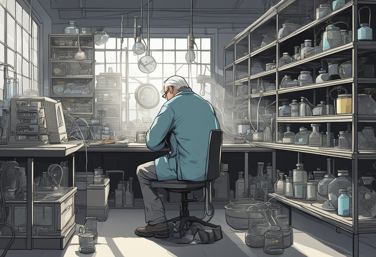 Old lab equipment sits on dusty shelves, covered in cobwebs. A scientist examines the items, pondering their fate