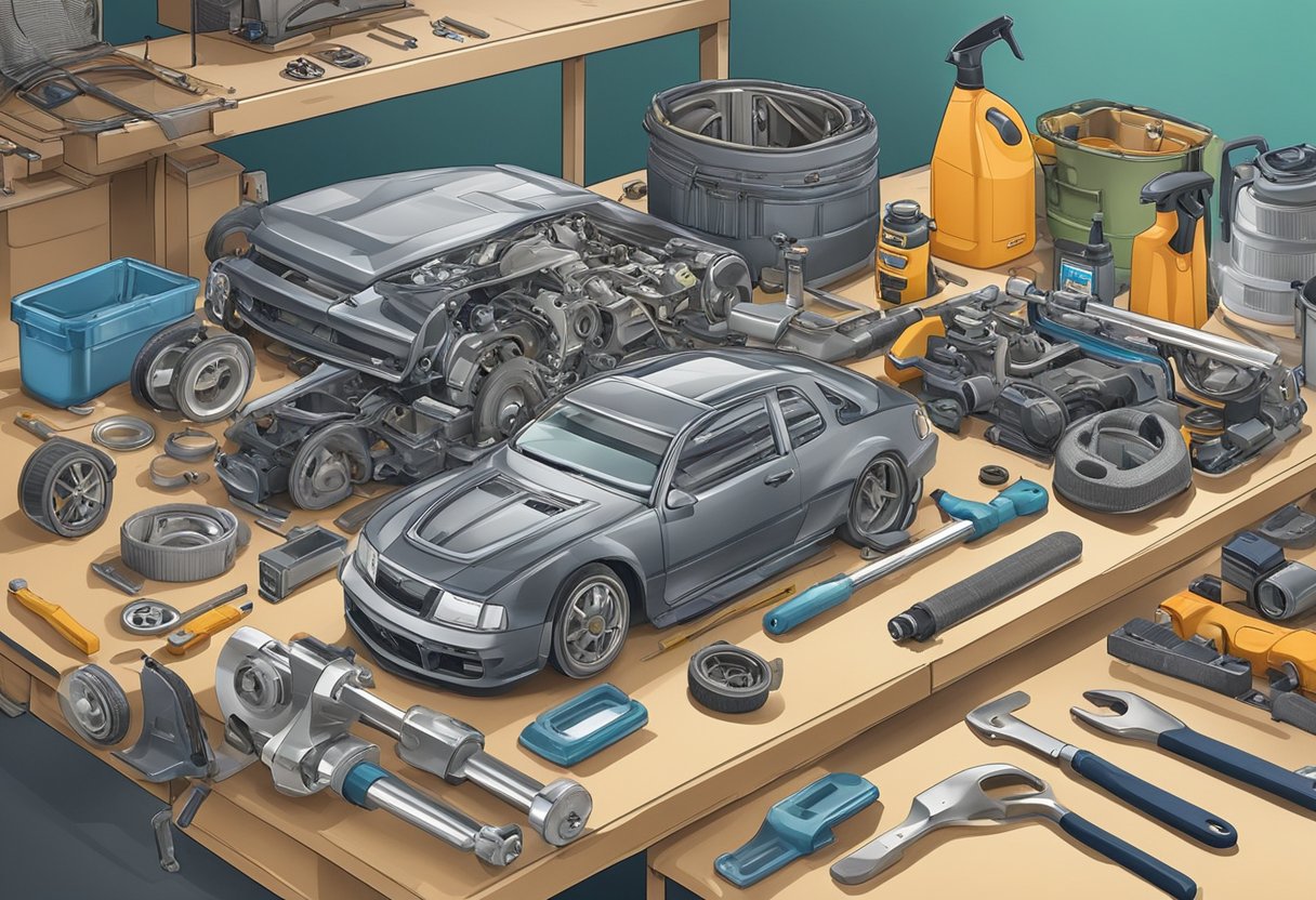 Car parts laid out on a workbench, being cleaned and inspected for reuse. Tools and cleaning supplies are visible nearby