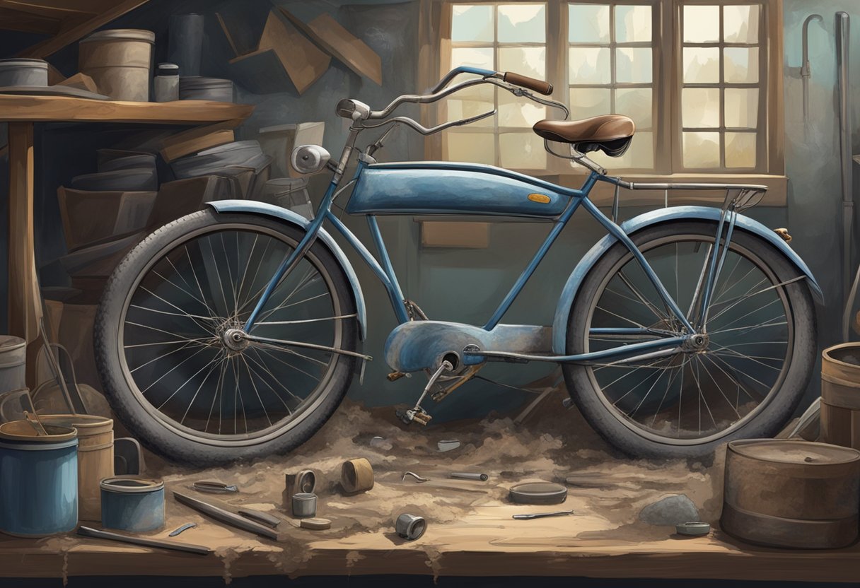 An old bicycle sits in a cluttered garage, covered in dust and cobwebs. The tires are flat, and the paint is chipped and faded