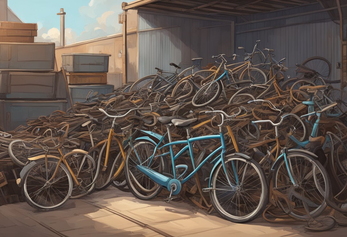 Old bicycles piled up in a storage area. A sign nearby lists options for repurposing and recycling. Rust and wear visible on the bikes