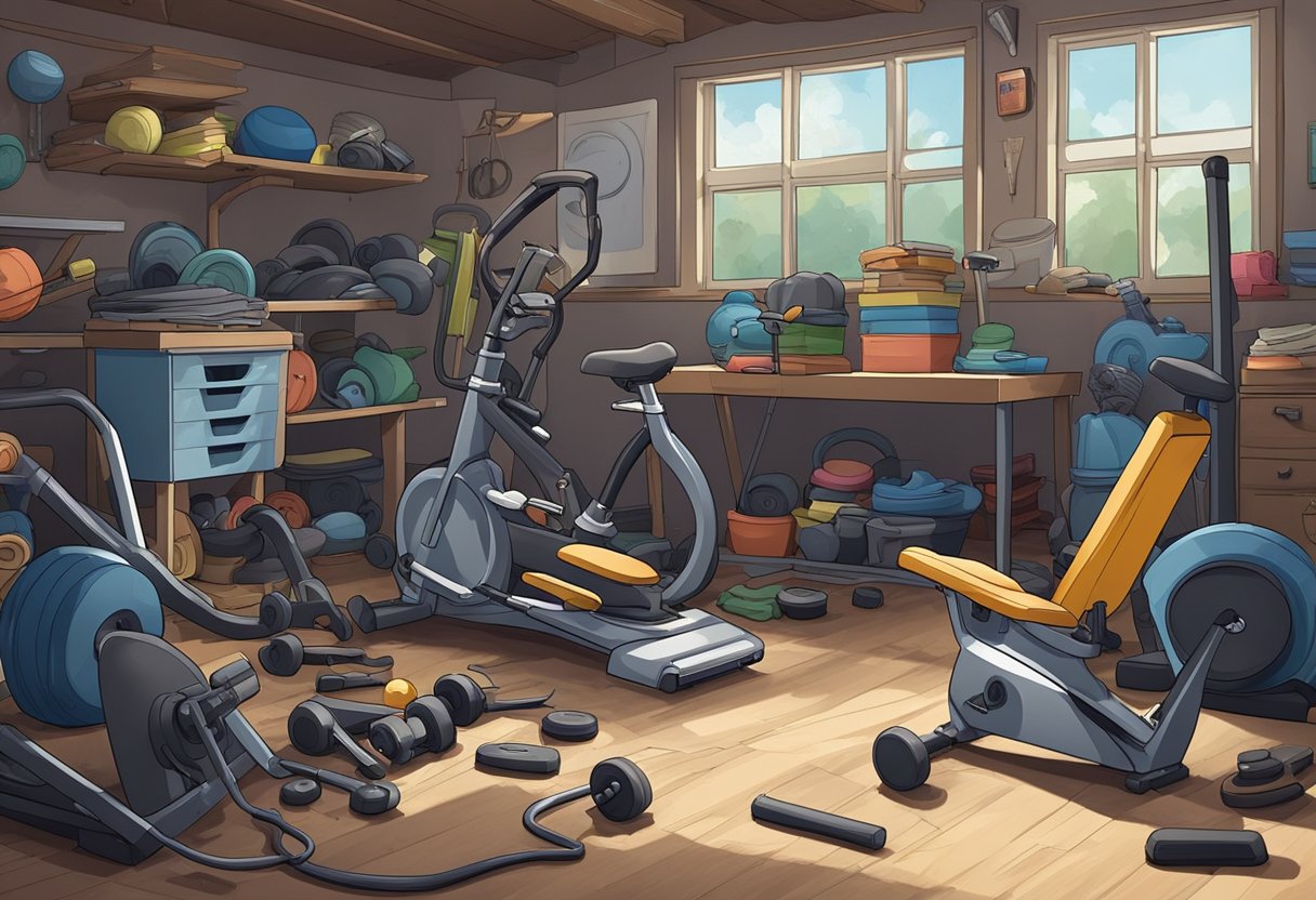 A pile of old exercise equipment sits in a cluttered garage, gathering dust. Dumbbells, a treadmill, and a stationary bike show signs of wear and neglect