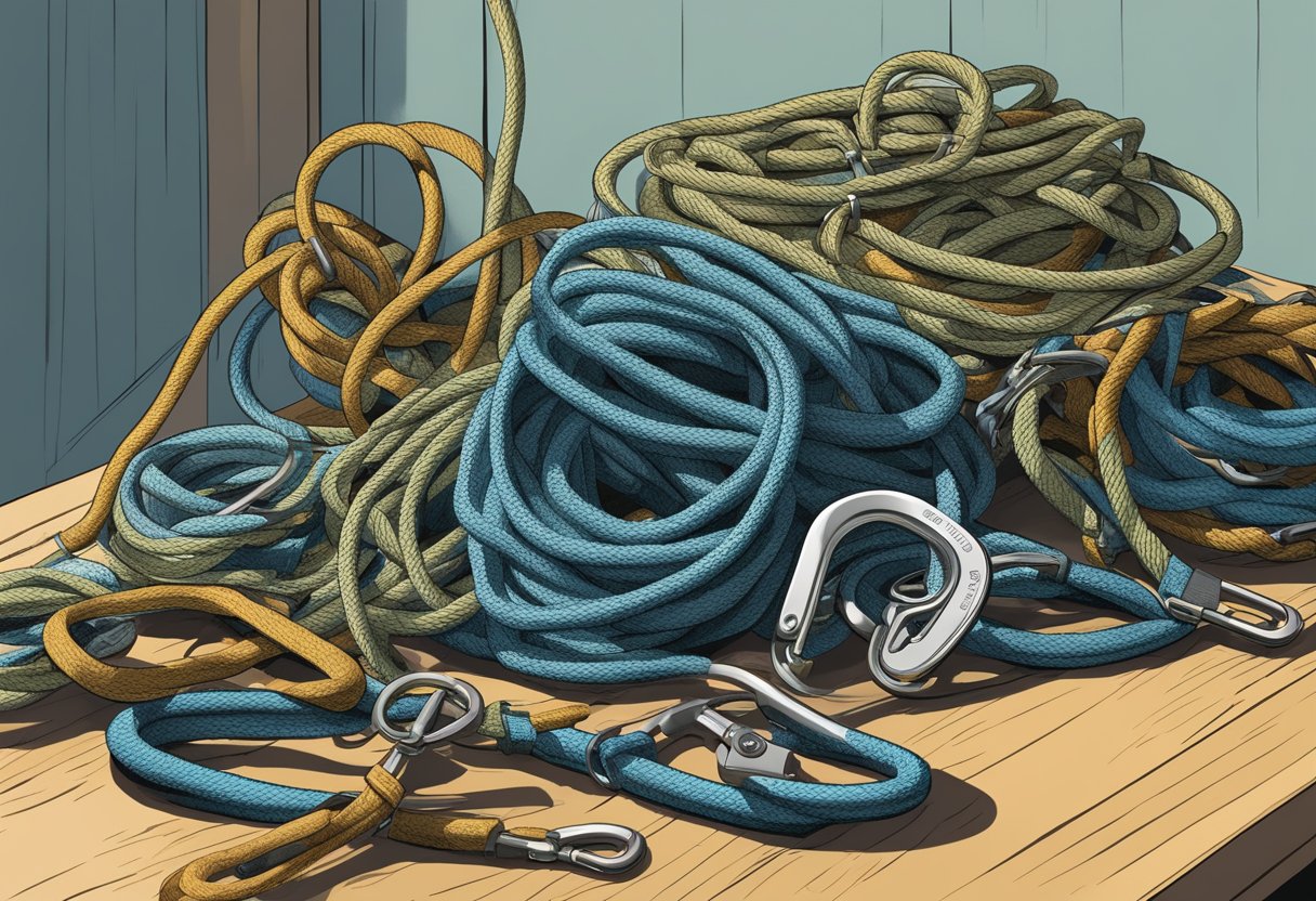 A pile of worn climbing ropes, carabiners, and harnesses sits on a table, with a thoughtful climber inspecting each piece for signs of wear and tear