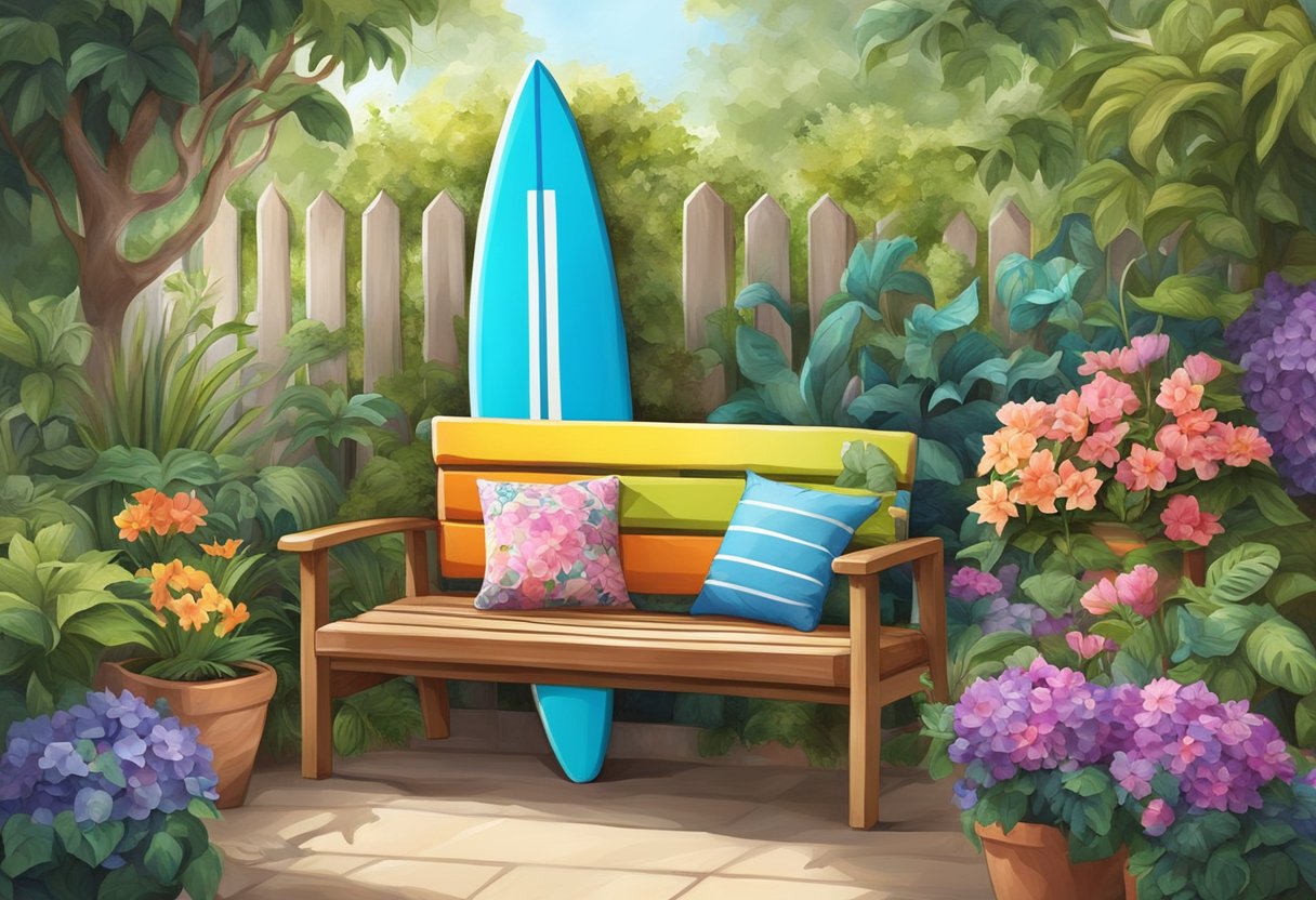 A colorful wakeboard transformed into a garden bench, adorned with vibrant cushions and surrounded by potted plants and flowers