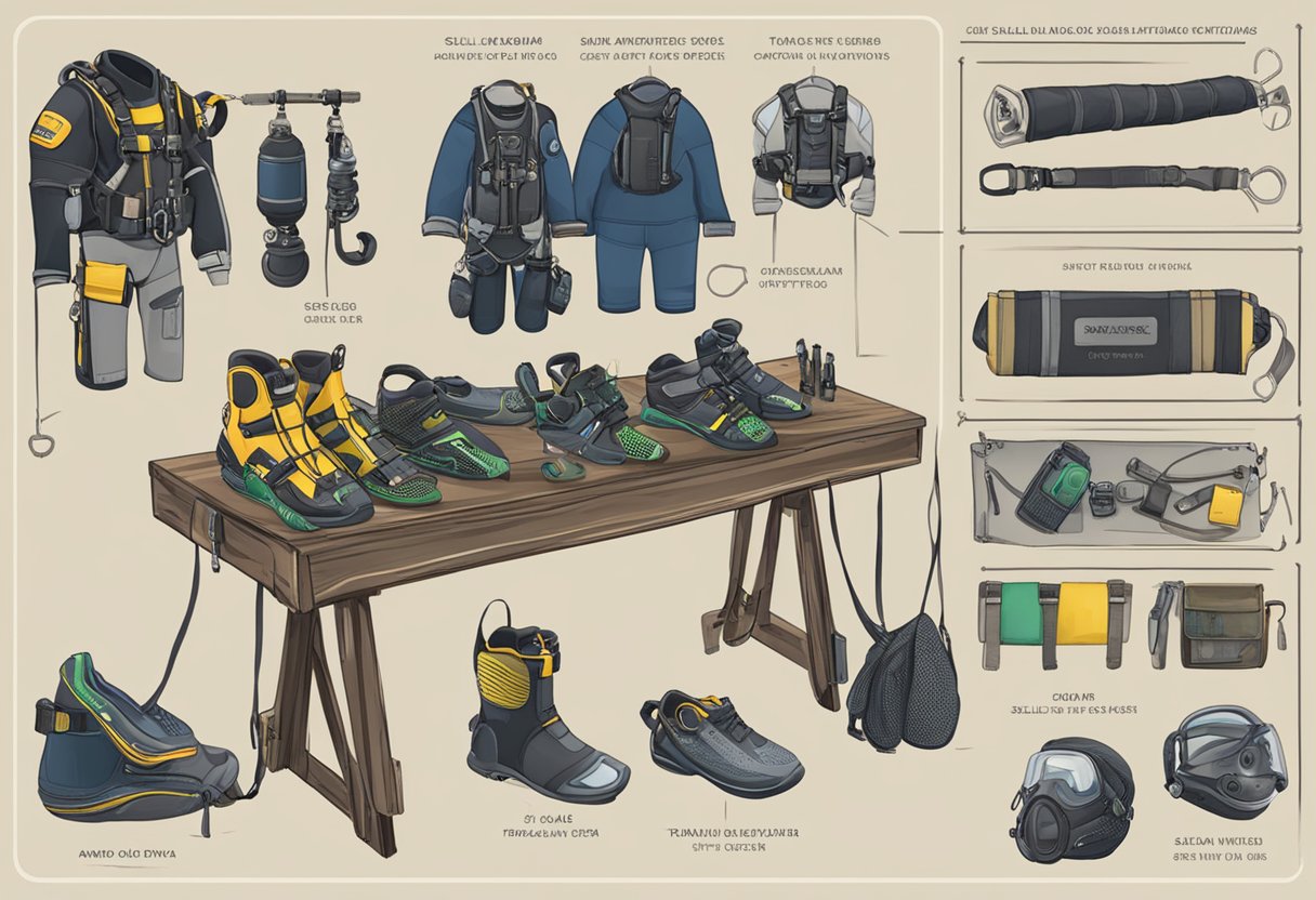 A table displaying various scuba gear with price tags. A sign reads "Selling and Trading Options for Scuba Gear" with a separate section for old gear