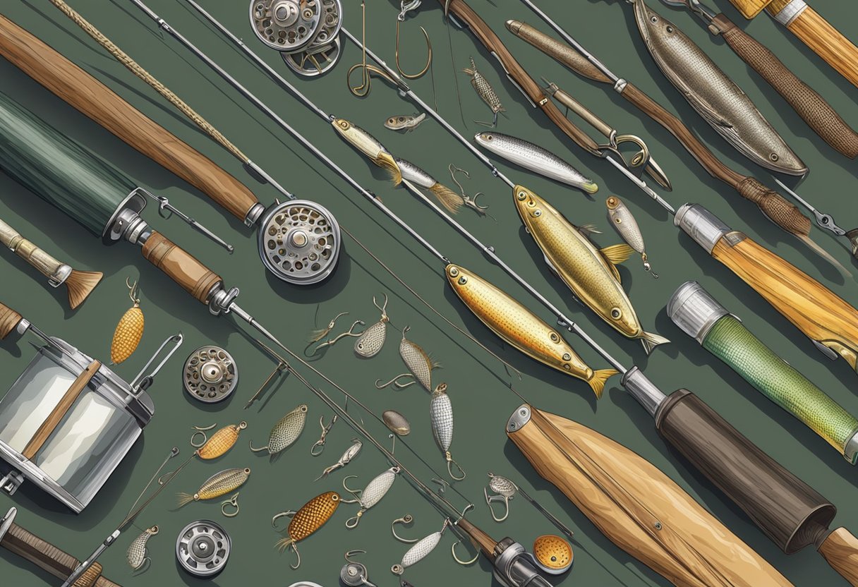 Old fishing tackle spread out on a table, including rods, reels, and lures. Some items show signs of wear and rust. A mix of vintage and modern equipment