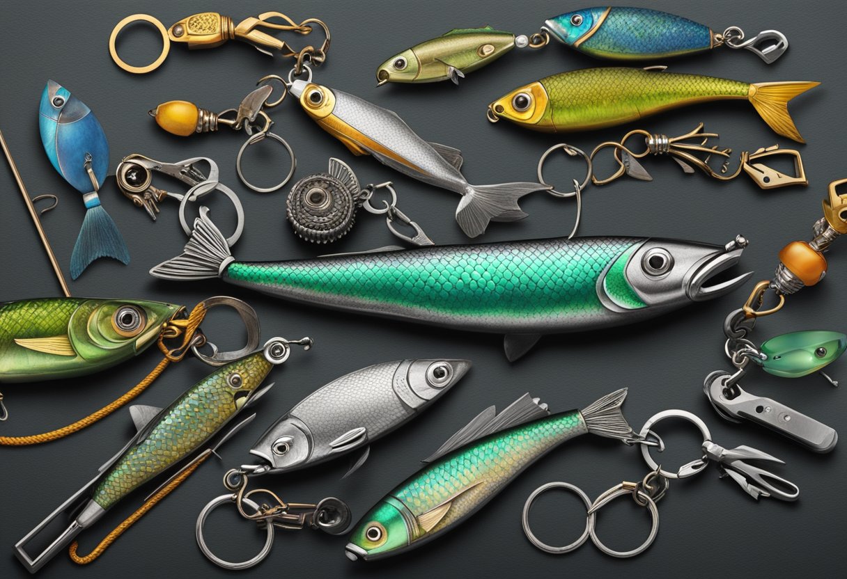 Old fishing tackle being repurposed into new items like keychains and jewelry, while other pieces are being recycled into raw materials