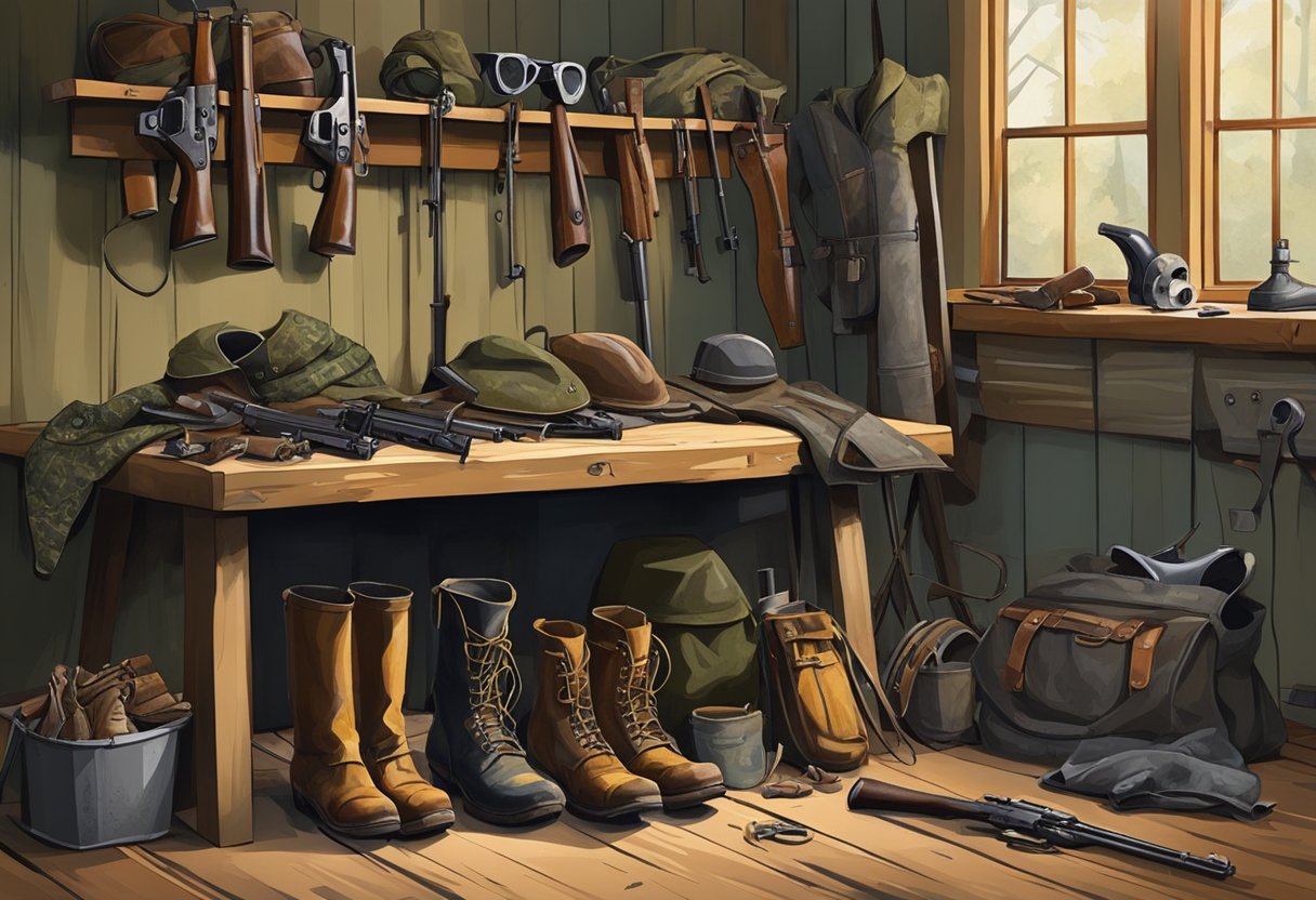 Old hunting gear scattered on a workbench, with rusted guns, torn camo clothing, and worn-out boots. A hunter ponders what to do with the outdated equipment