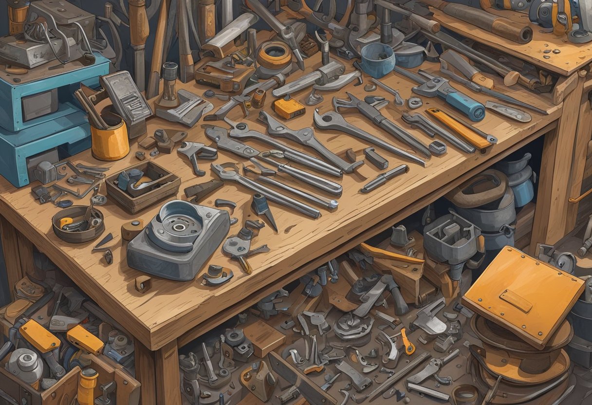 A cluttered workbench with rusty, outdated tools. A pile of old hardware in the corner. A person sorting through items, deciding what to keep or discard