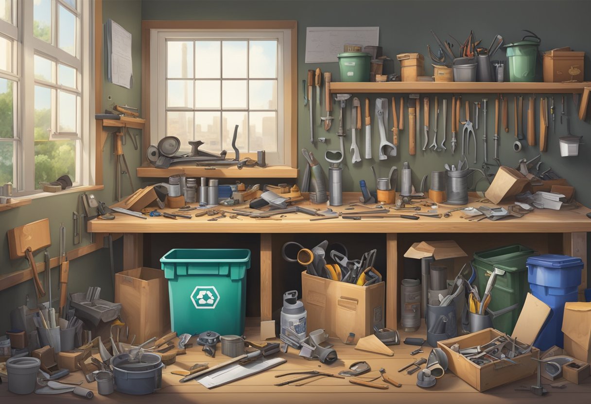 A cluttered workbench with various old tools and hardware scattered around. A trash bin and a donation box sit nearby, offering options for disposal and rehoming