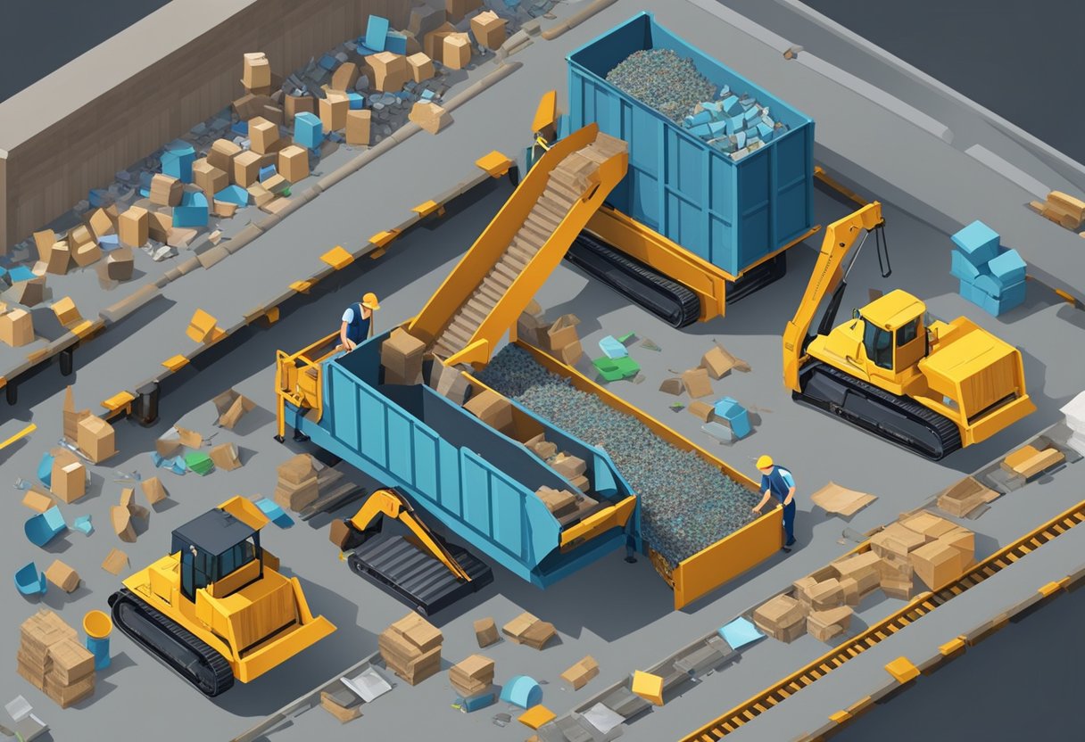 Old construction materials being sorted into different channels for recycling, reuse, or disposal. A conveyor belt moves items while workers direct them to appropriate areas