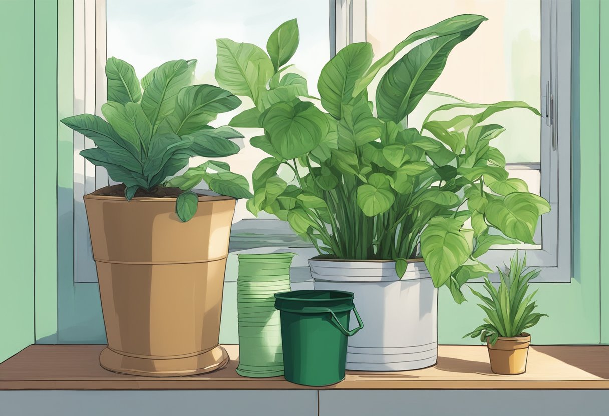 Lush green houseplants sit on a windowsill, some thriving while others wilt. A discarded plant lays next to a trash can