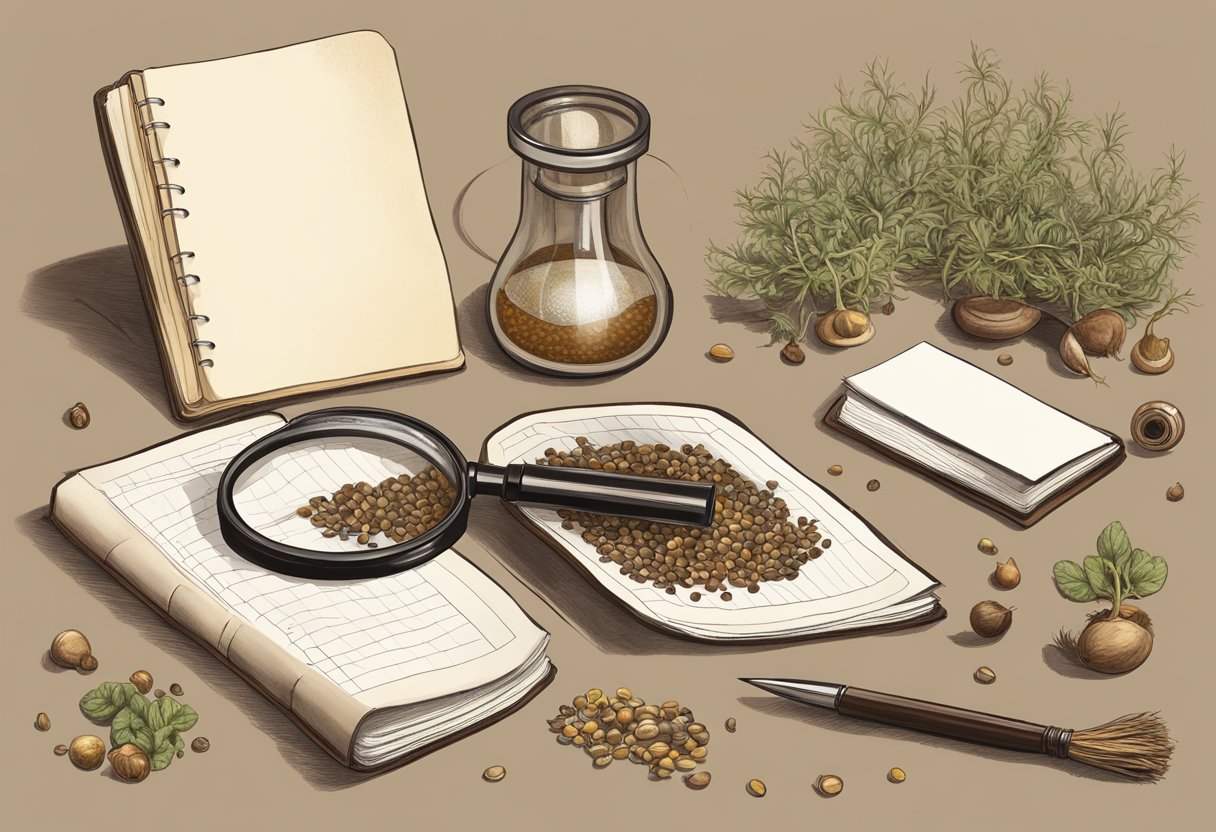 A table with old seeds and bulbs spread out, a magnifying glass examining their condition, a notebook for recording observations