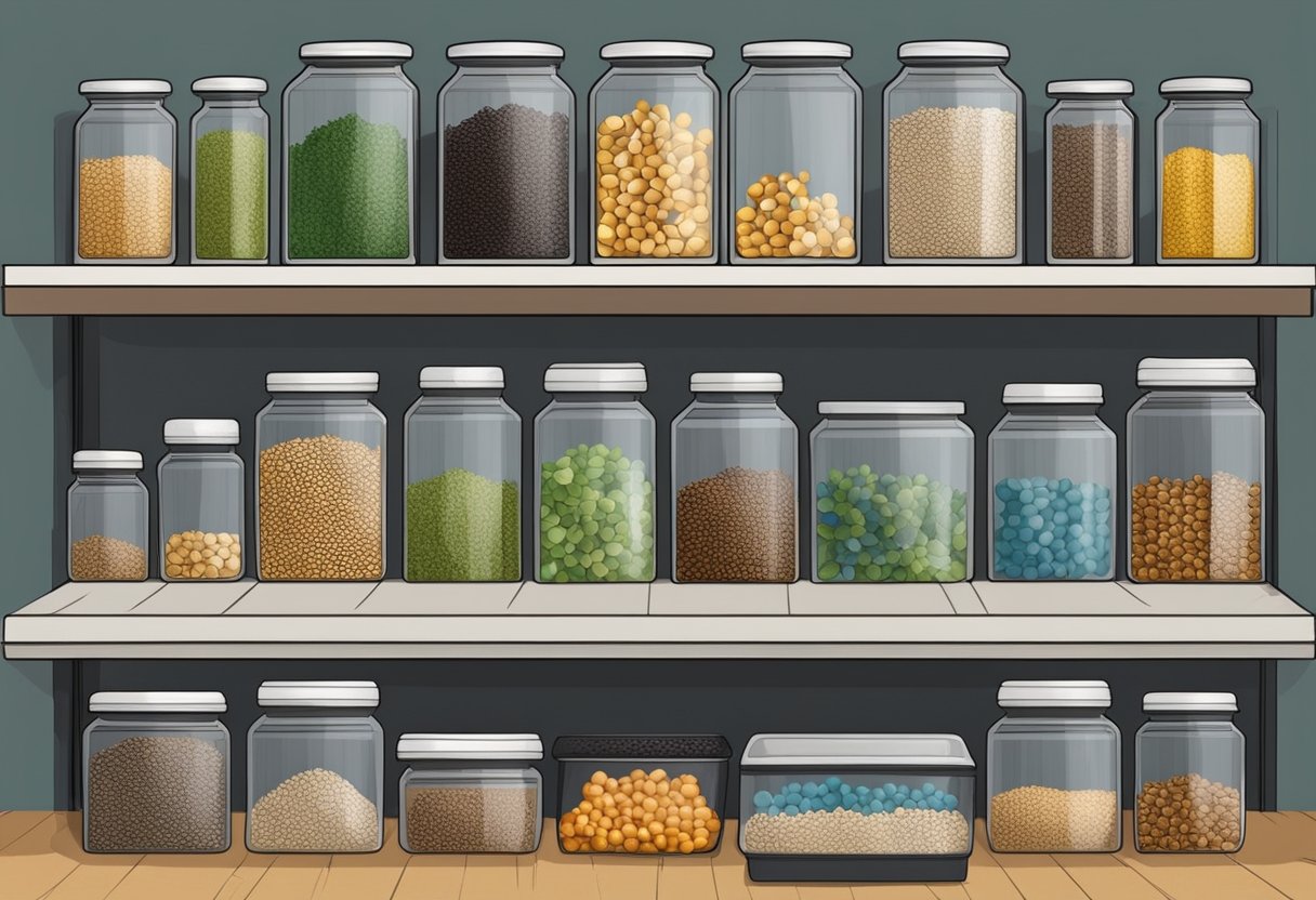 Seeds and bulbs neatly organized in labeled containers on shelves. Old seeds and bulbs placed in a separate bin for disposal