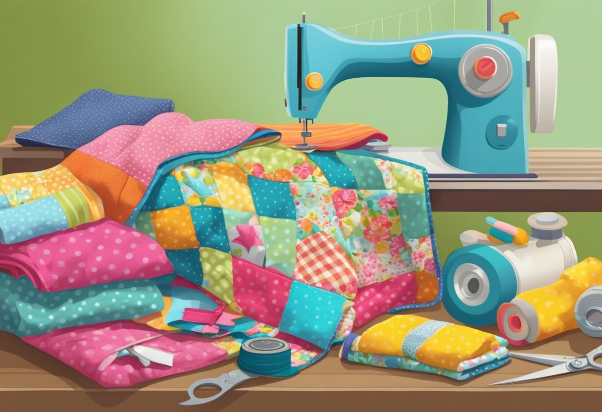 Old baby clothes transformed into toys, quilts, and accessories. A sewing machine, fabric scraps, and scissors on a work table. Bright colors and playful patterns