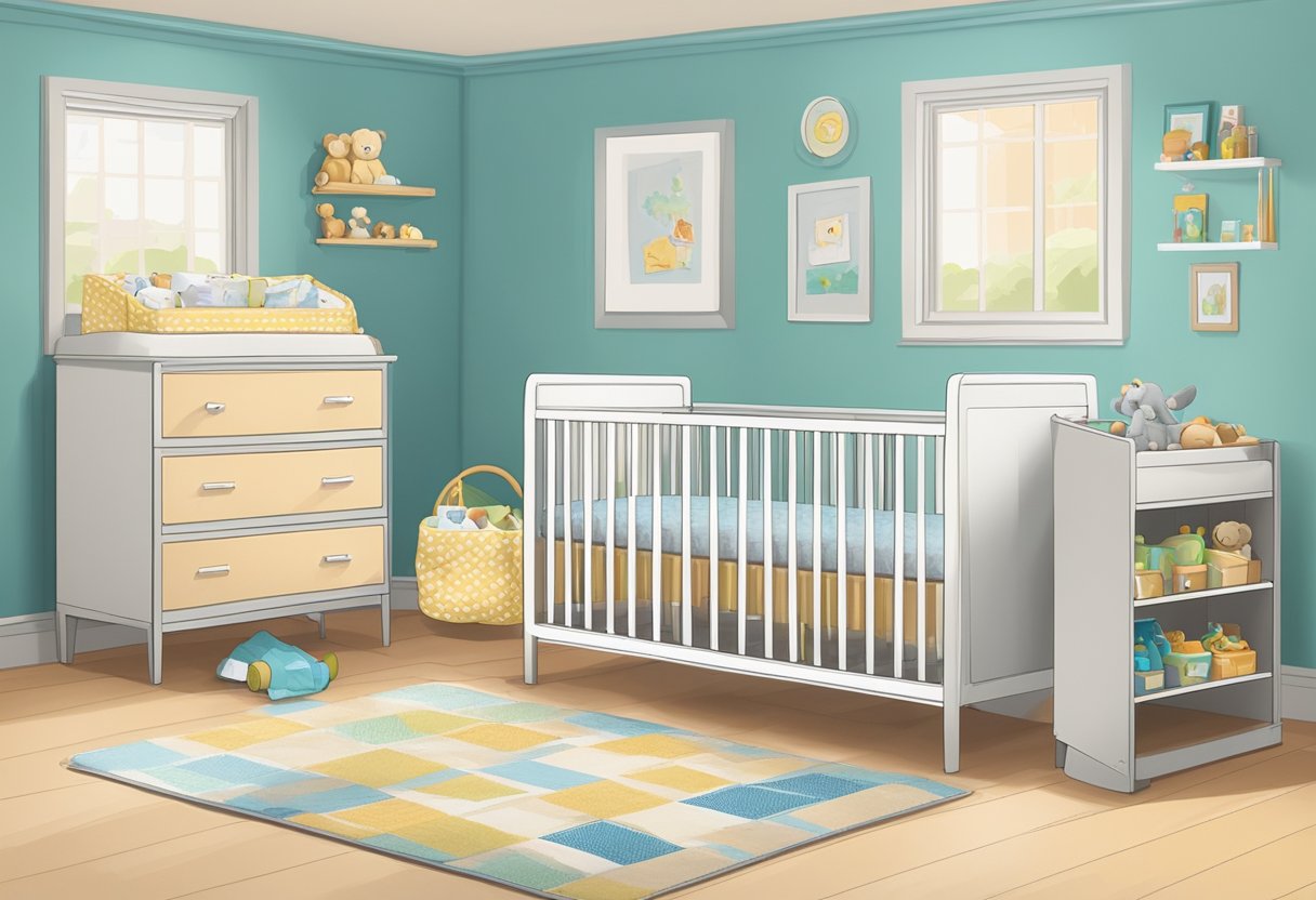 A room with gently used baby furniture and items, neatly organized for rehoming or donation. A crib, changing table, and toys are visible