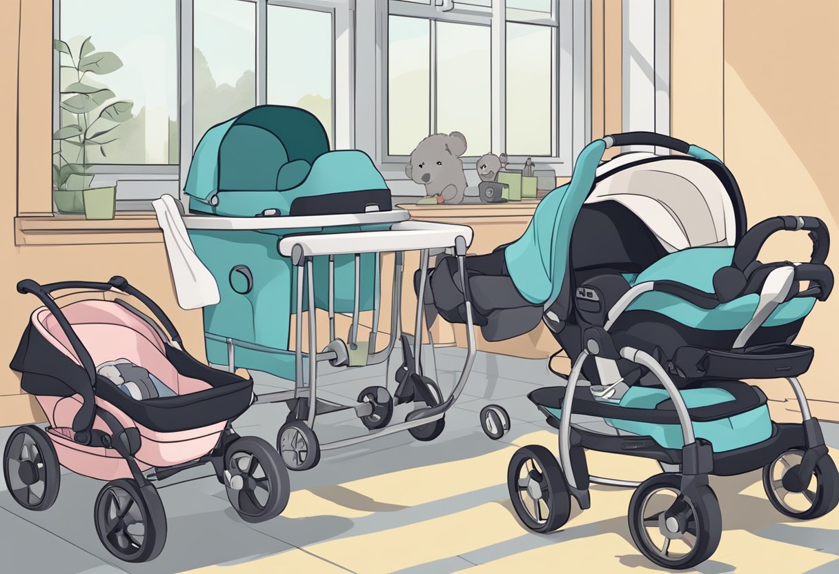 A pile of old baby gear sits in a corner, including a stroller, car seat, and high chair. A checklist of safety standards is nearby