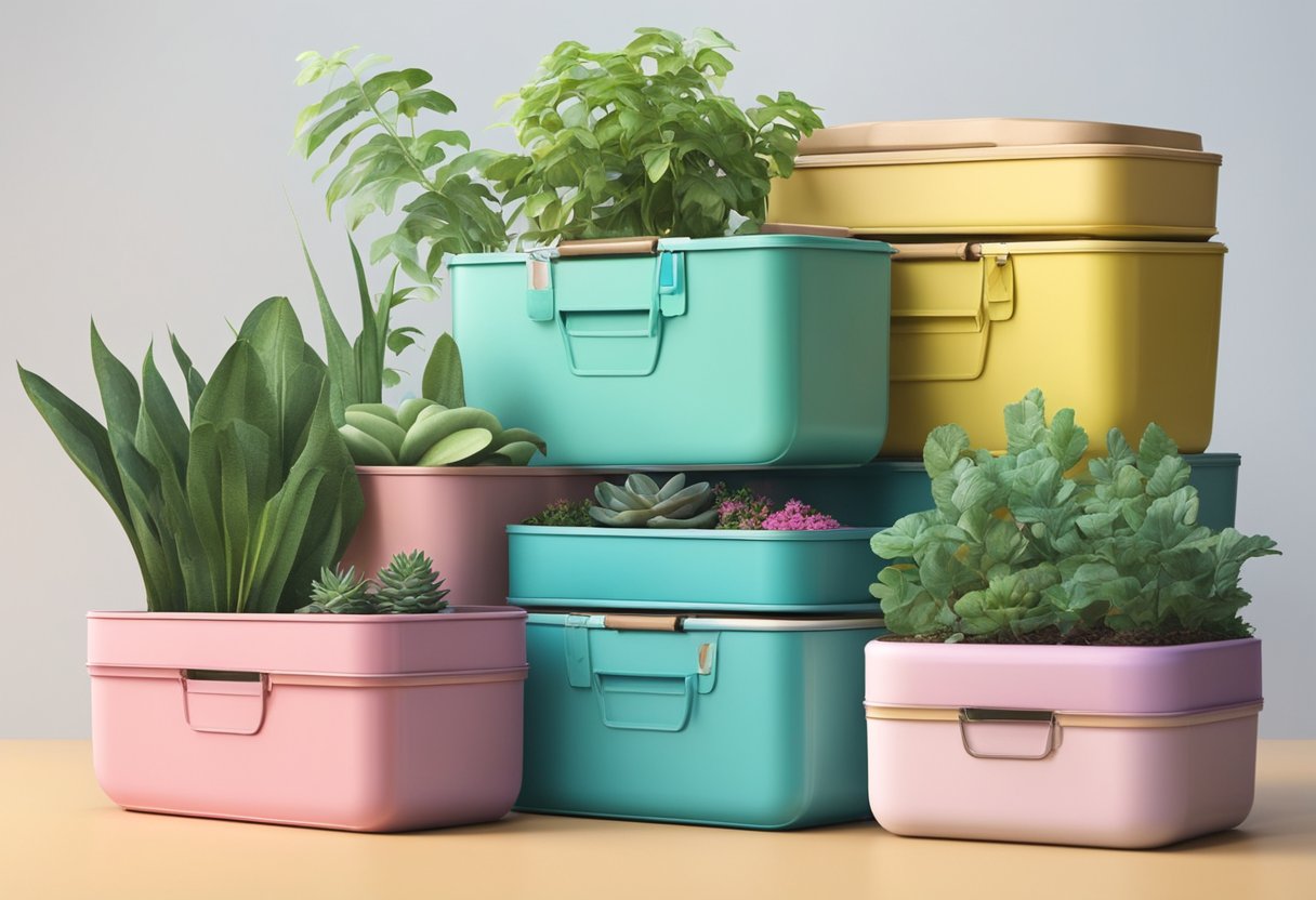 Old lunchboxes being transformed into planters, storage containers, or decorative organizers. Materials like paint, fabric, and stickers are used for creative customization