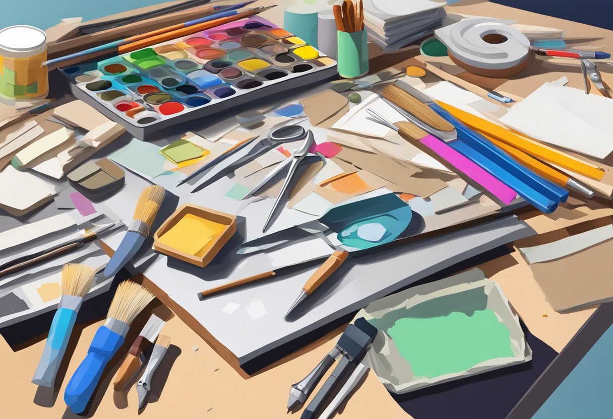 A pile of discarded art supplies sits on a table, including used canvases, paintbrushes, and scraps of paper. A pair of scissors and glue are nearby, ready for repurposing