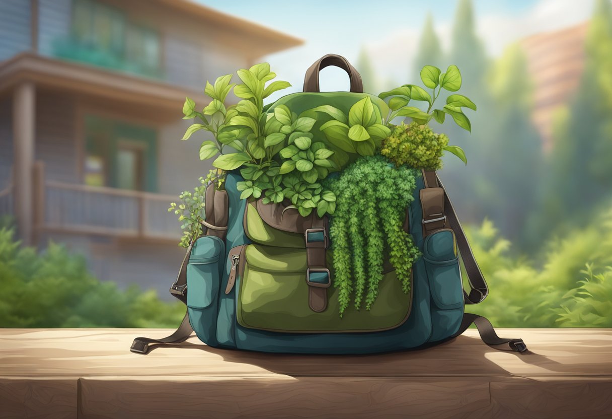 An old backpack being repurposed into a planter, filled with soil and vibrant green plants growing out of the pockets and straps