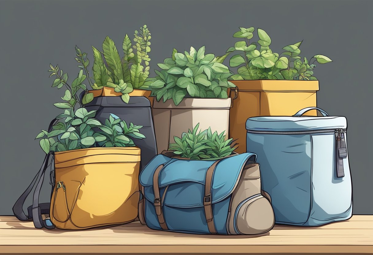 Old backpacks transformed into planters, storage bins, or pet beds. Tools and materials scattered on a workbench. Creative ideas sketched on a notepad