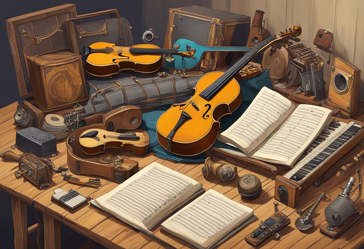 An array of old musical instruments spread out on a wooden table, with a person inspecting and evaluating their condition and value