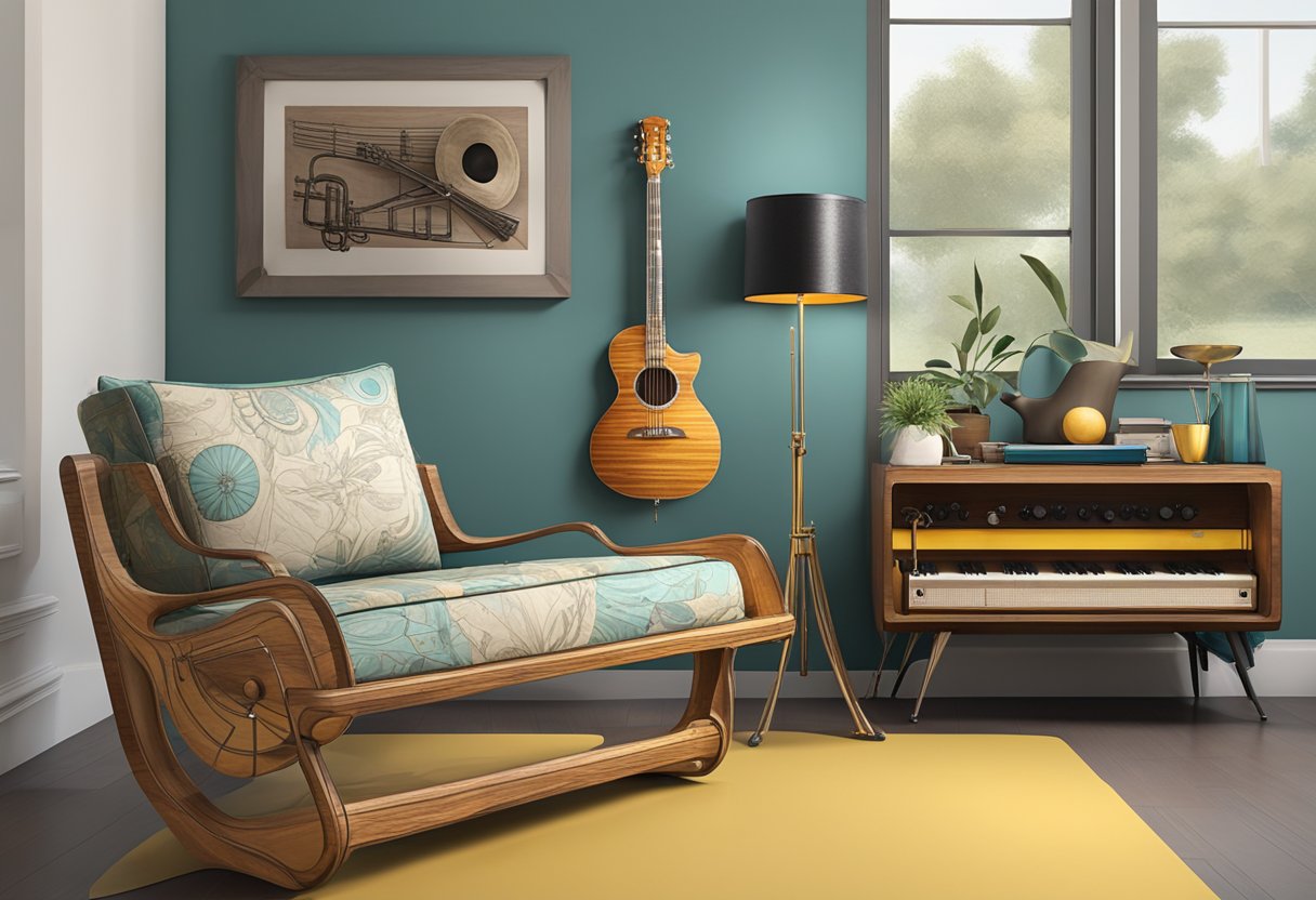 Old musical instruments transformed into unique furniture and decor. A guitar turned into a shelf, a trumpet repurposed as a lamp, and a drum kit upcycled into a coffee table