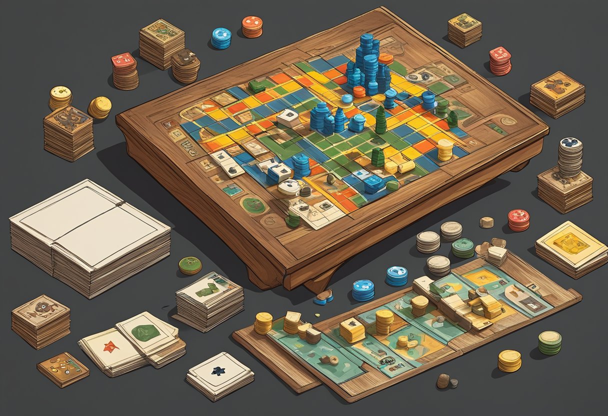 Old board games stacked on a table, some open with game pieces scattered. A few games are being repurposed into new uses, with pieces and boards repainted or modified