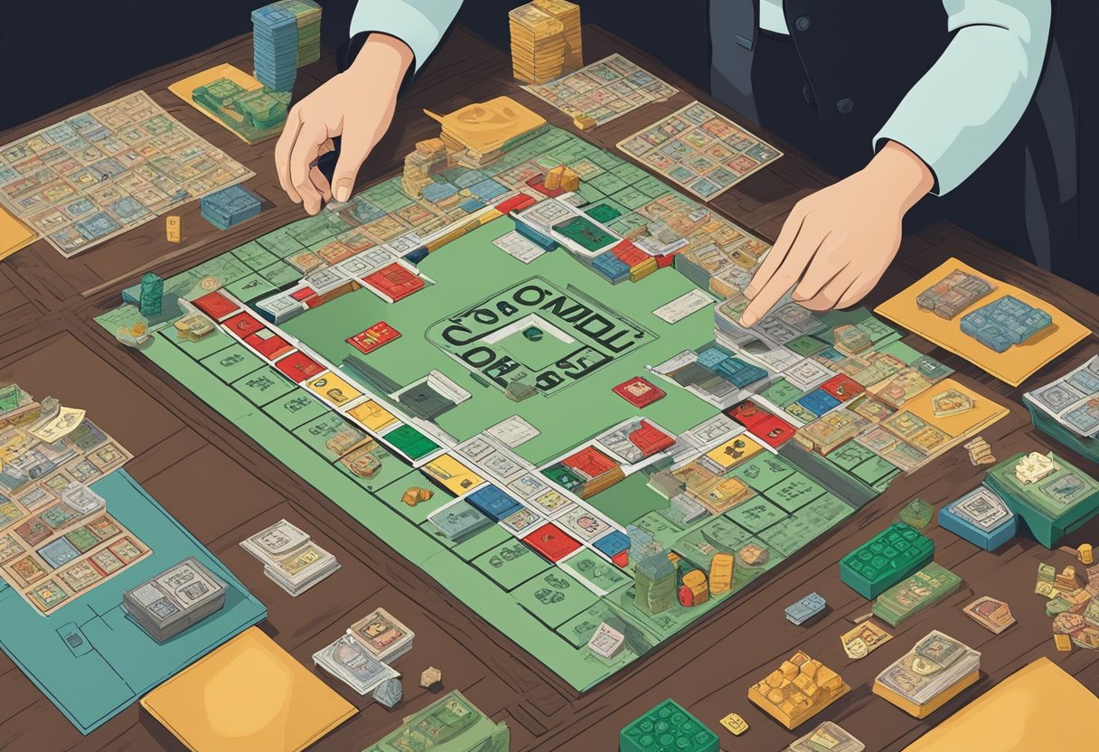 A table with a collection of vintage board games, including Monopoly, Scrabble, and Clue. A person is carefully inspecting and appraising the condition of each game