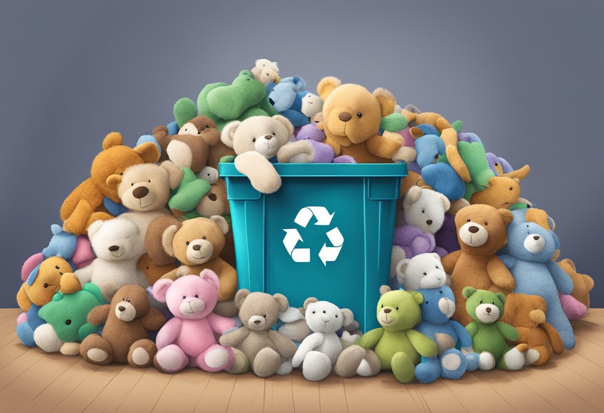 A pile of old stuffed animals next to a donation bin, with a recycling symbol in the background