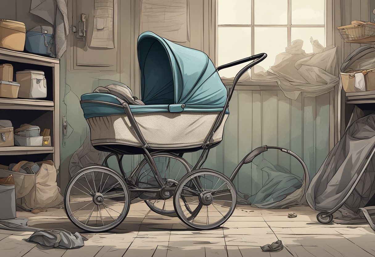 The old stroller sits in a cluttered garage, covered in dust and cobwebs. Its wheels are worn, and the fabric is faded and torn