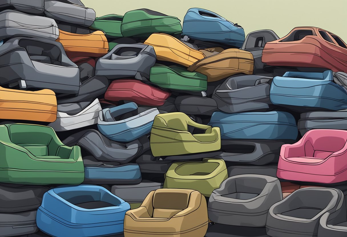 A pile of old car seats sits in a recycling center, with signs indicating options for disposal and recycling