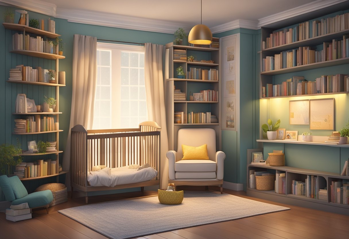 An old crib transformed into a cozy reading nook, with a cushioned seat, bookshelves, and soft lighting