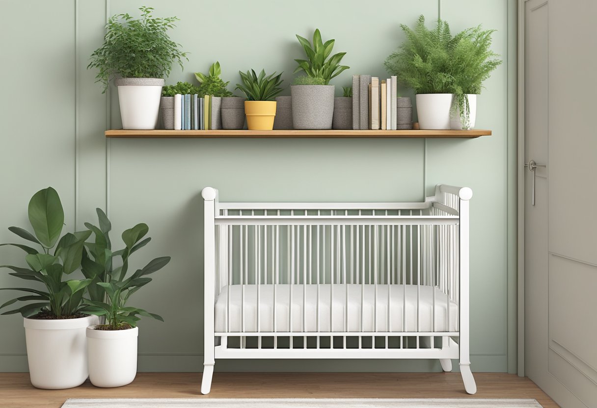 An old crib repurposed as a stylish bookshelf, with shelves installed between the crib rails. A potted plant sits on the top shelf, adding a touch of greenery