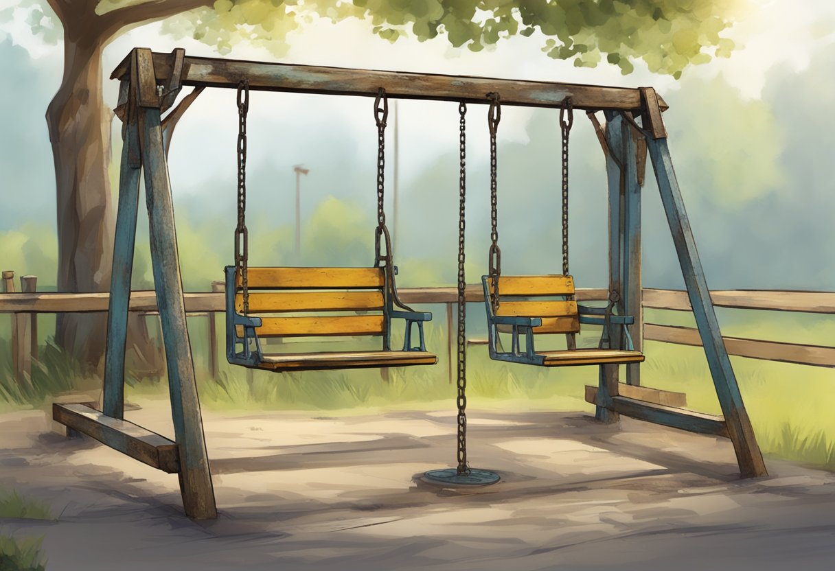 The old swing set stands weathered and worn, with rusted chains and faded seats. The frame creaks as it sways in the wind, showing signs of neglect