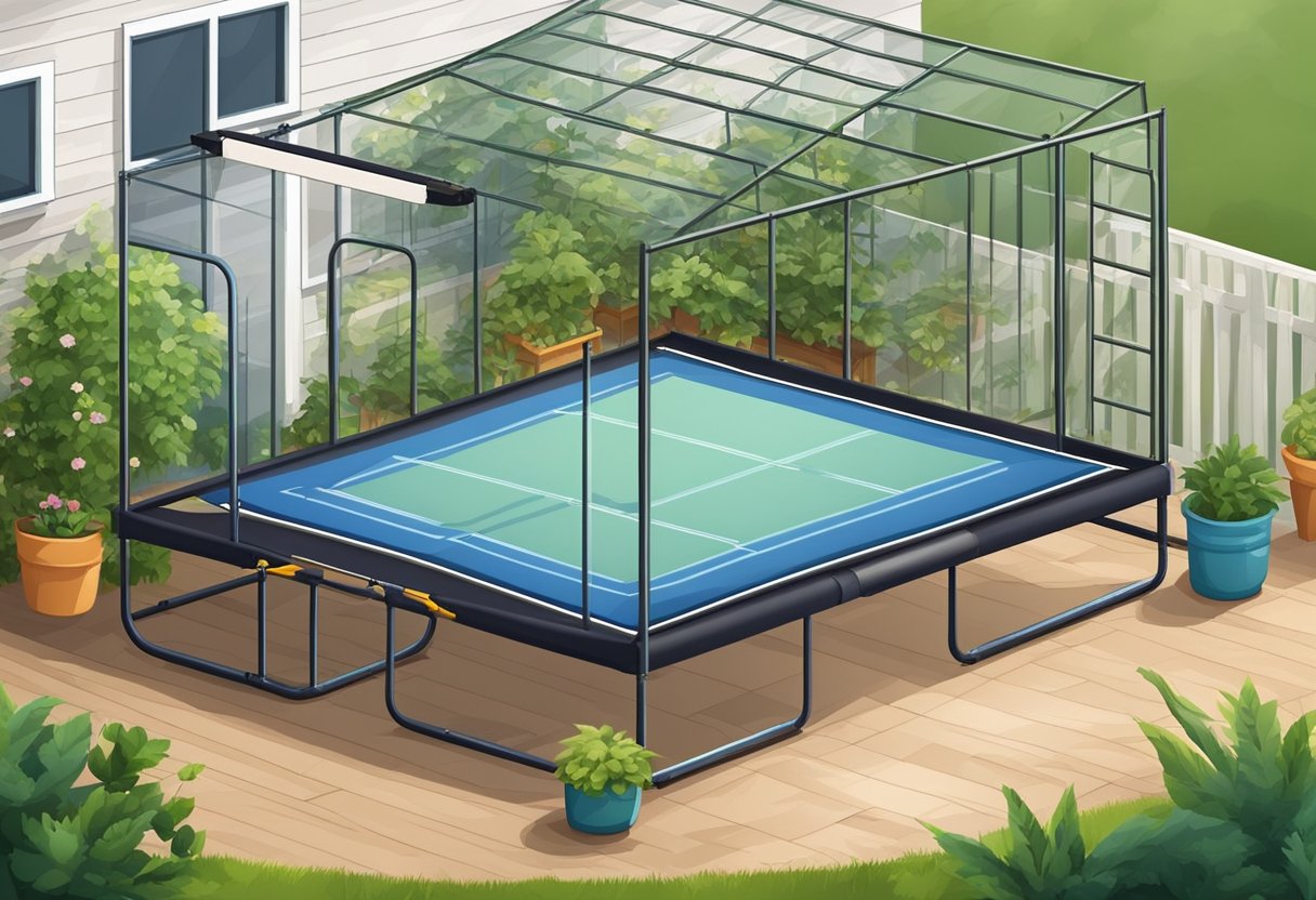 A trampoline frame lies in a backyard, surrounded by tools and materials. A person repurposes it into a greenhouse or a trellis for climbing plants