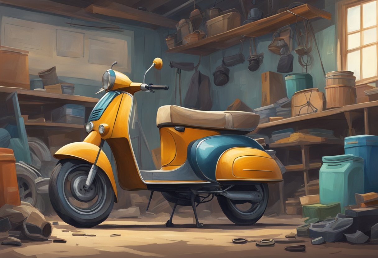 An old scooter sits in a cluttered garage. Dust covers the worn frame and flat tires. A person stands nearby, pondering what to do with it