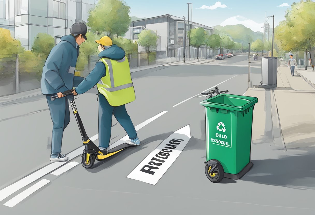 A person placing an old scooter into a designated recycling bin with a clear "Responsible Disposal" sign