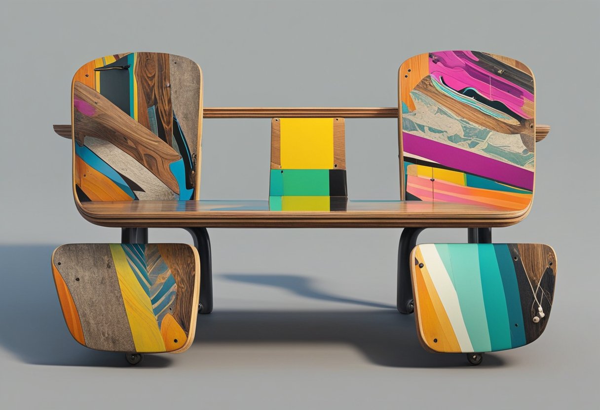 Several old skateboards are being transformed into unique furniture pieces, such as chairs, tables, and shelves. The vibrant colors and worn-out designs of the skateboards give the furniture a cool and edgy look