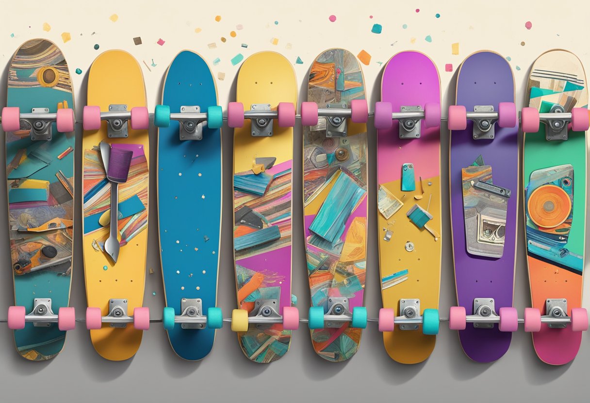 A stack of colorful, worn skateboards leaning against a wall, with tools and materials scattered around for upcycling projects